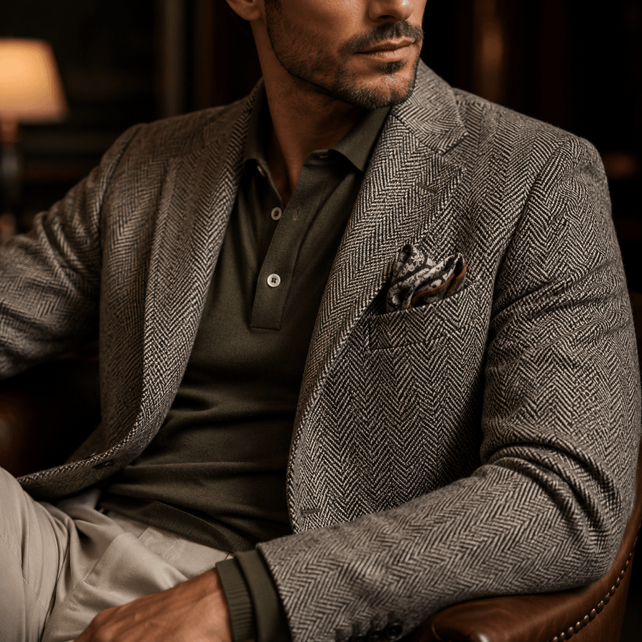 Close-up of a man wearing a textured herringbone blazer layered over a dark polo shirt in a luxury lounge setting.
