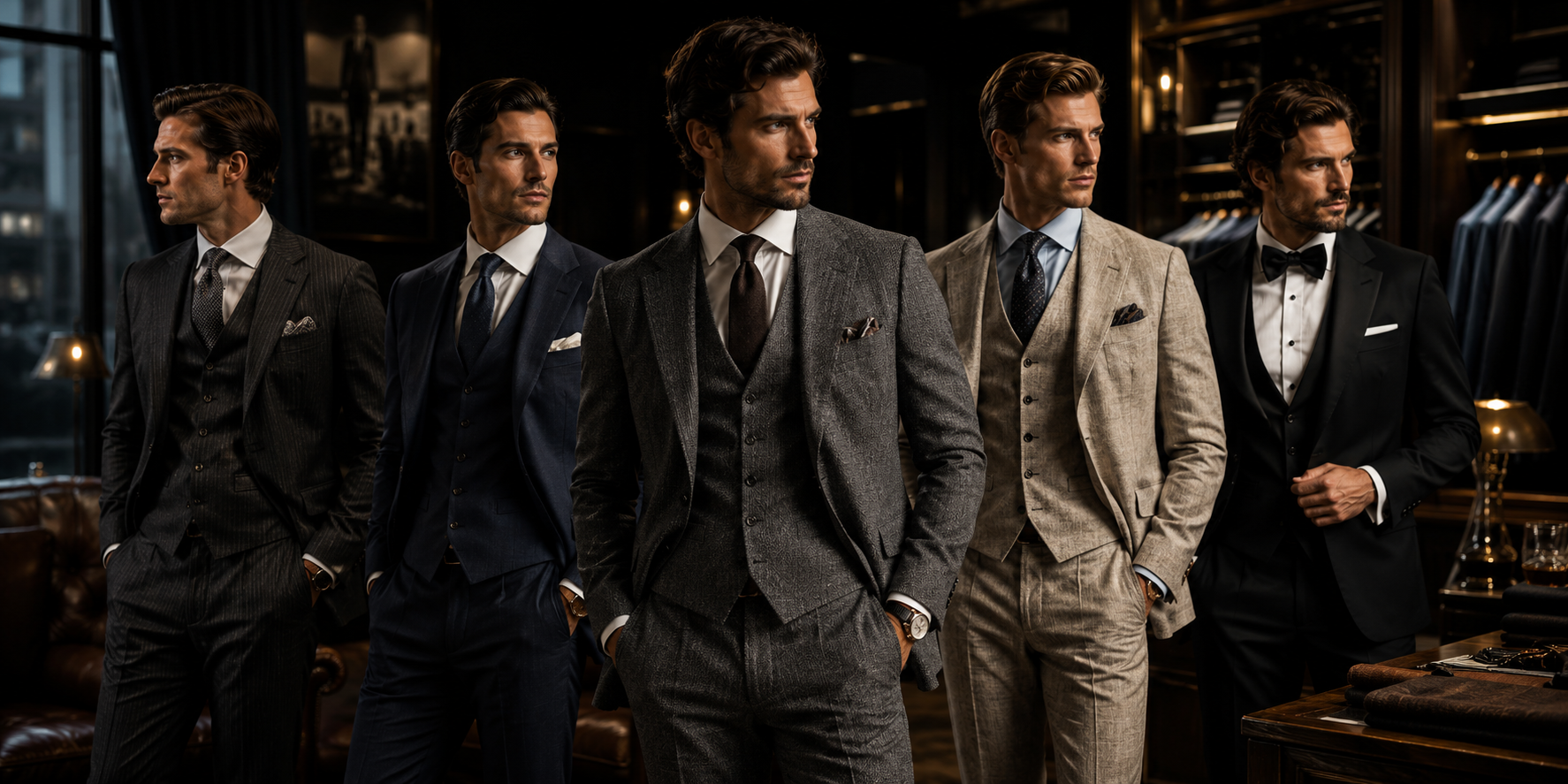 Five men in formal suits standing in a row, likely in a bar or lounge setting.