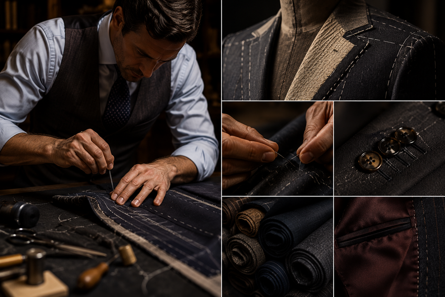 Collage of a tailor working on a suit with close-ups of fabric, tools, and stitching details.