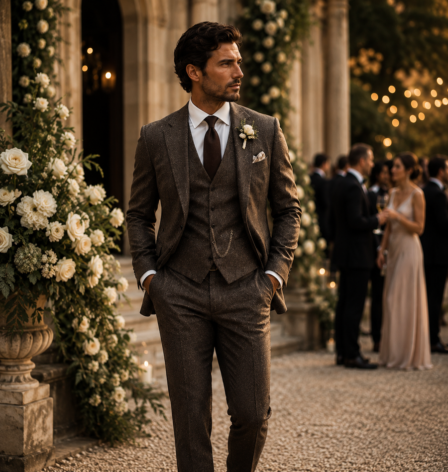 Man in a brown suit standing in an elegant outdoor setting with floral decorations and people in the background.