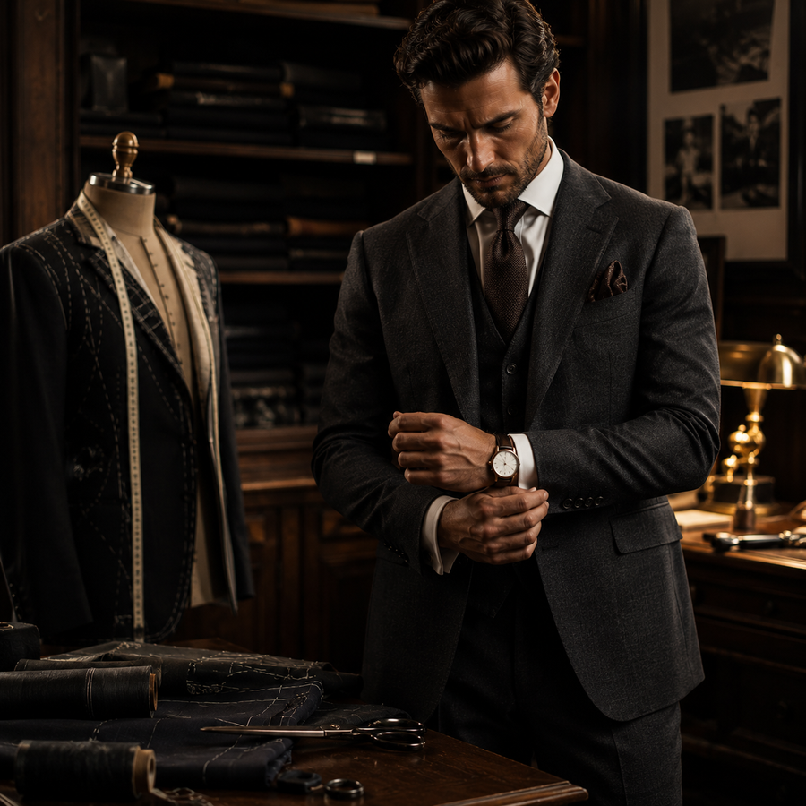Man adjusting his watch in a tailor's shop with a mannequin and sewing tools in the background.