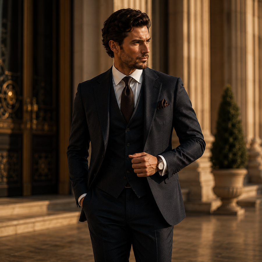 Man in a dark suit standing in an elegant indoor setting with classical architecture.