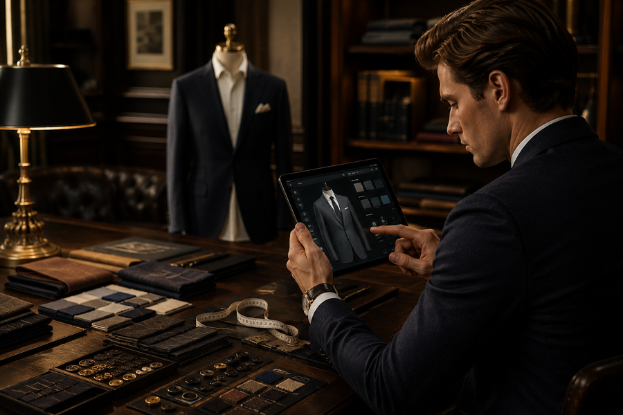 Man using a digital suit configurator in a luxury bespoke tailoring studio surrounded by premium fabrics and tailoring accessories.

