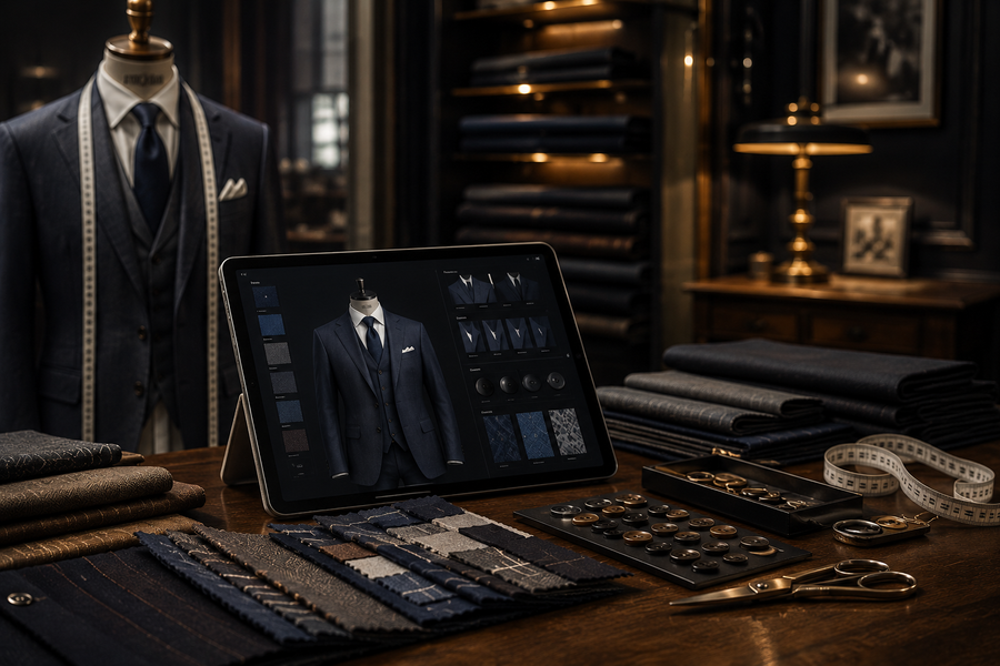 Luxury bespoke tailoring studio featuring a premium navy three-piece suit displayed beside a digital suit configurator on a tablet, surrounded by fabric swatches, tailoring tools, buttons, and measuring tape — showcasing modern custom menswear design technology and high-end craftsmanship in an elegant tailor workshop setting.
