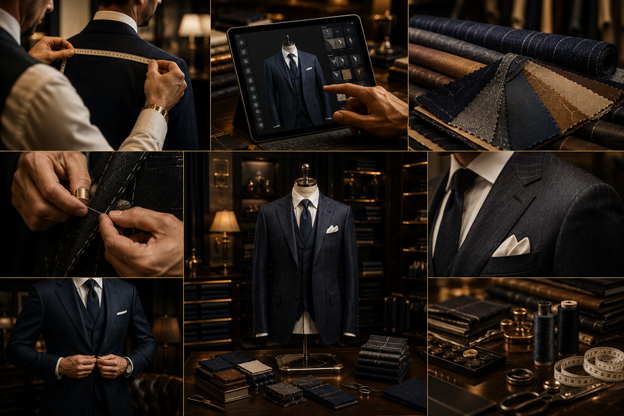 Collage of a tailor adjusting a suit, using a tablet, and showcasing fabric swatches and finished suits.