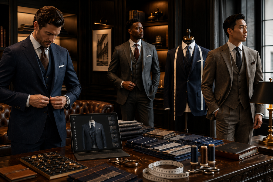 Three men in suits standing in a room with a display of suits and accessories.