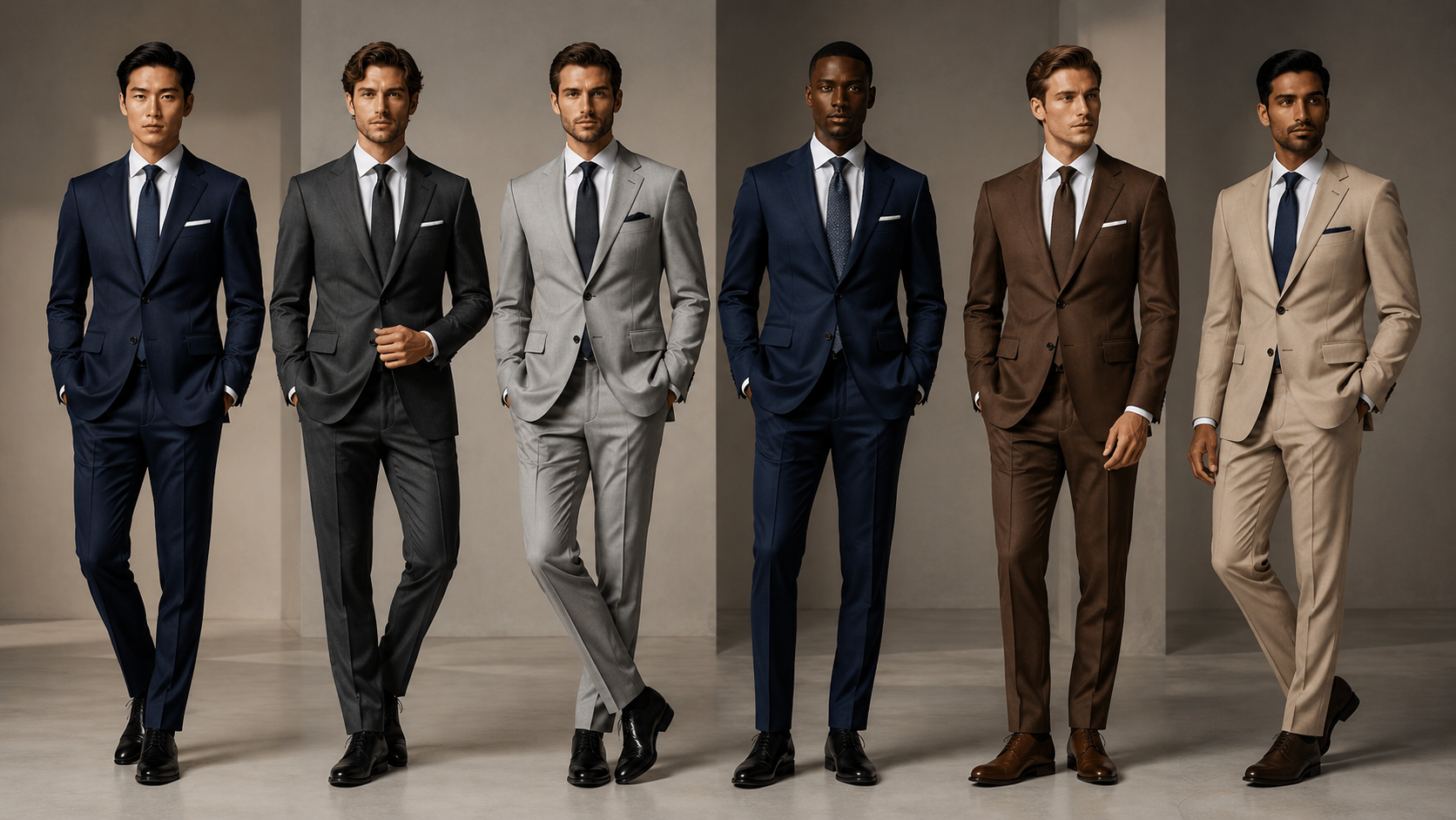 Six men wearing suits in different colors against a neutral background
