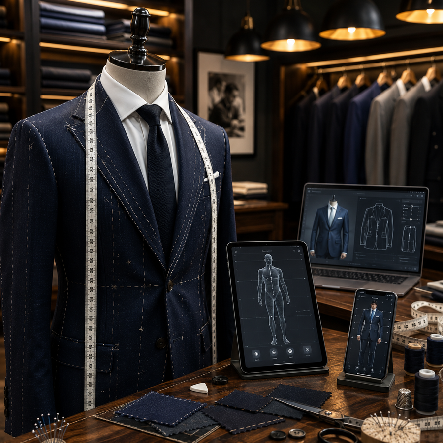 Tailor's workbench with navy suit, measuring tape, laptop, and digital tools in a clothing store setting.
