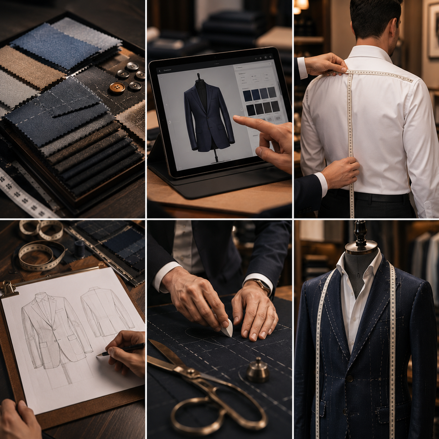 Collage of a tailor's work process including fabric swatches, digital design, measurement, and tailoring.