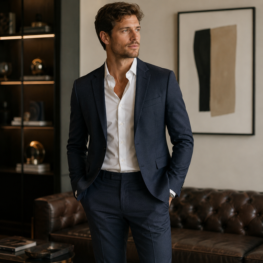 Man in a navy suit standing in a stylish room with a brown leather couch and framed artwork.