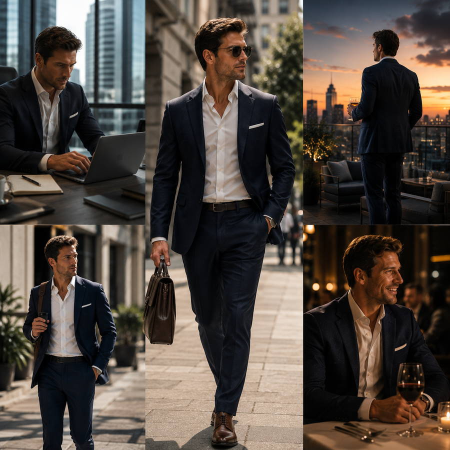 Luxury menswear lifestyle collage featuring a man in a tailored navy suit across office, city, rooftop, and fine dining settings.
