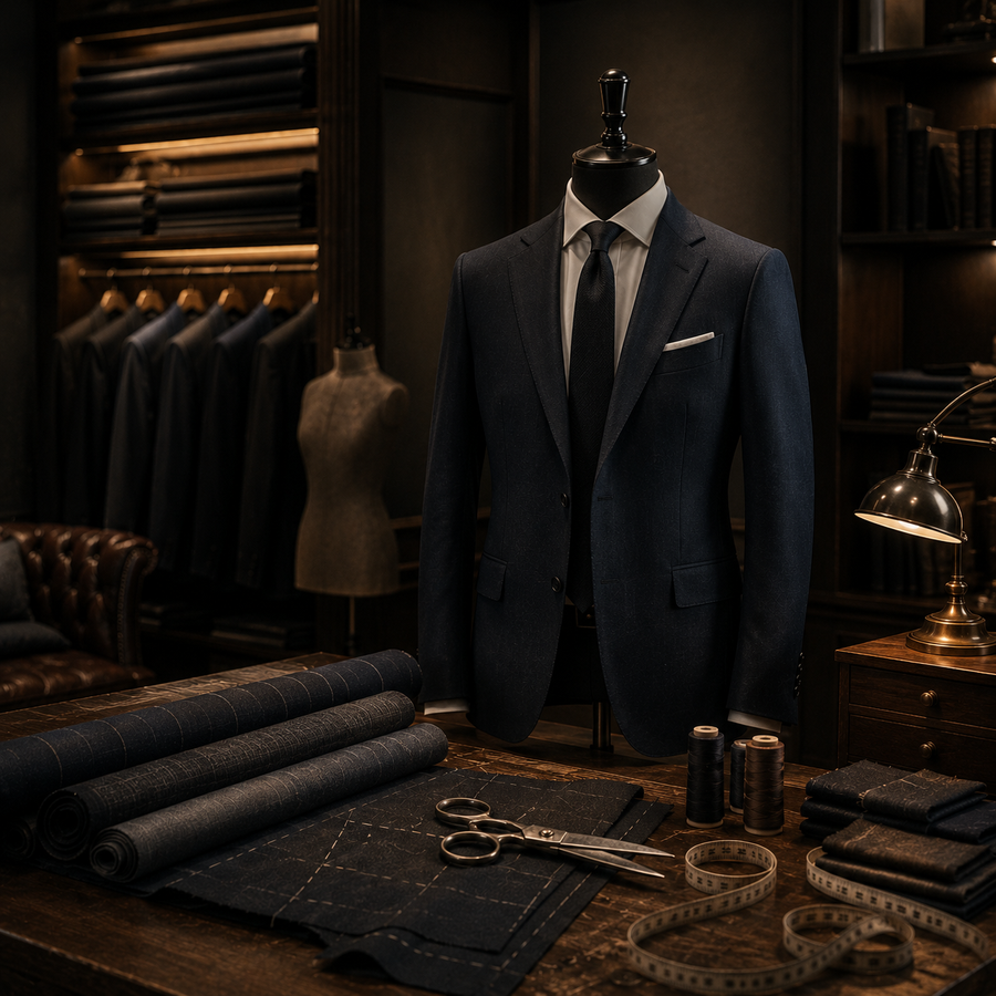 Dark suit on a mannequin in a dimly lit tailor shop with fabric and tools.
