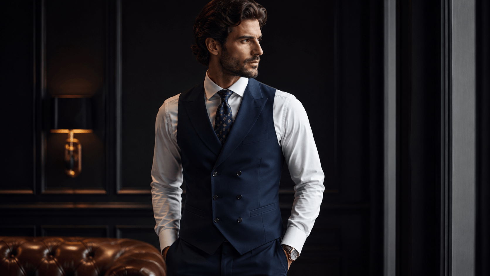 Navy double-breasted waistcoat paired with a white dress shirt and patterned tie, showcasing sophisticated men's formalwear and tailored bespoke styling.