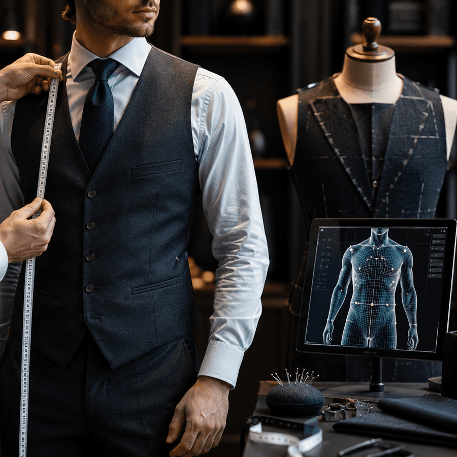 Tailor measuring a suit on a mannequin with a computer screen displaying a 3D model of a human body.
