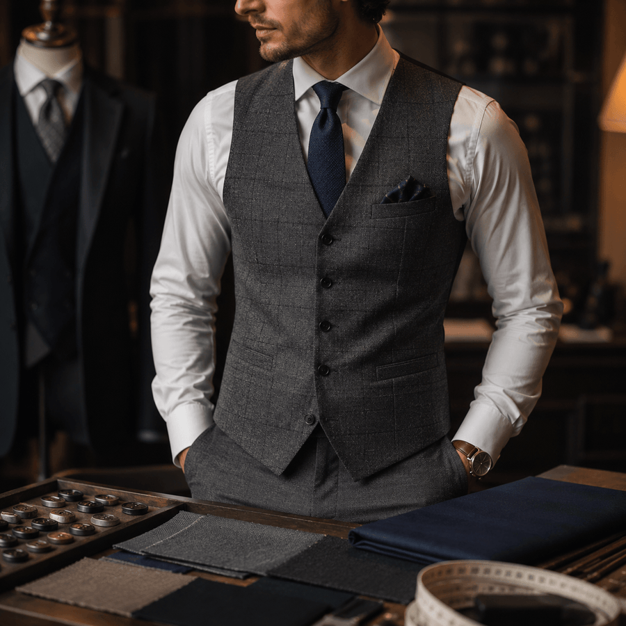 Custom tailored grey waistcoat paired with a white dress shirt and navy tie, showcasing bespoke menswear, three-piece suit styling, and luxury tailoring craftsmanship.