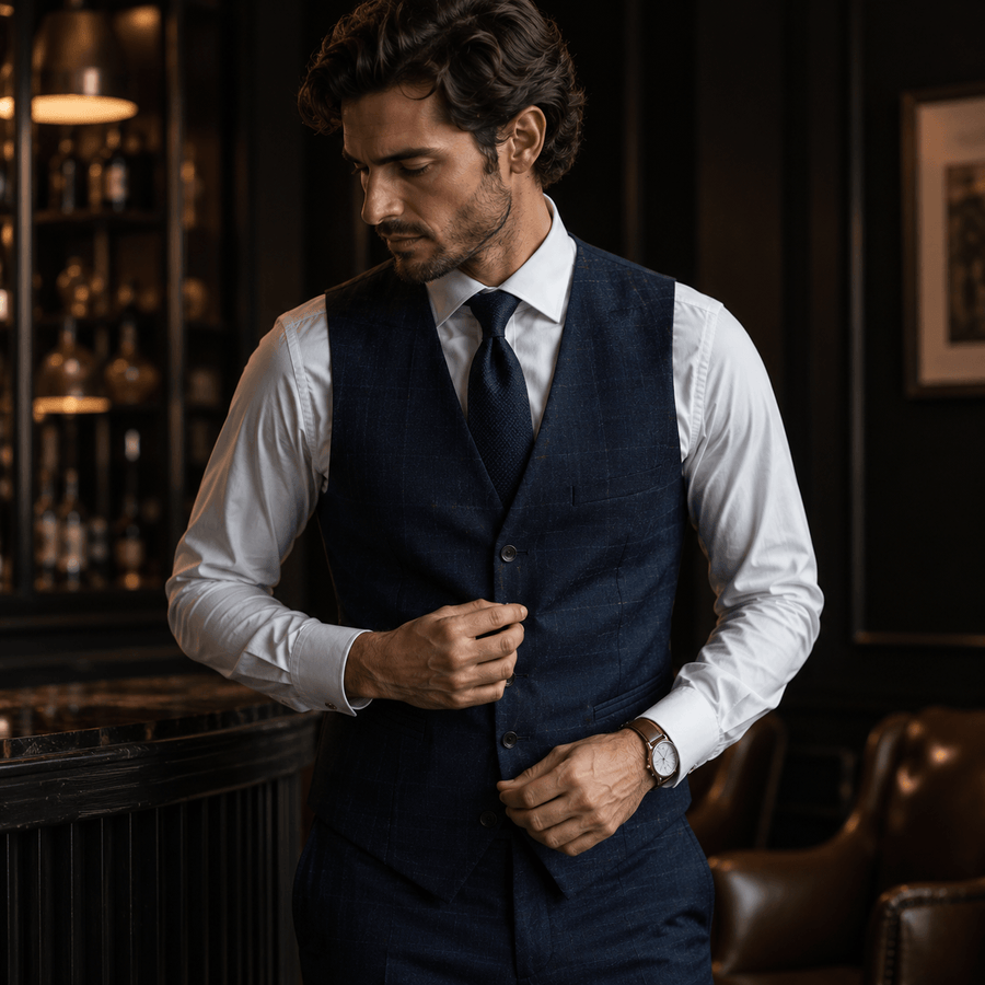 Man wearing a navy blue tailored waistcoat with a white dress shirt and matching tie, adjusting his vest in a luxury lounge, showcasing refined formal menswear style.
