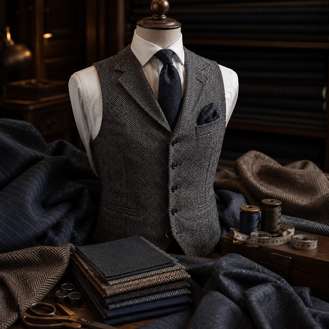 Custom tailored waistcoat with white dress shirt and navy tie, displayed alongside premium suiting fabrics and tailoring tools in a luxury bespoke menswear workshop.