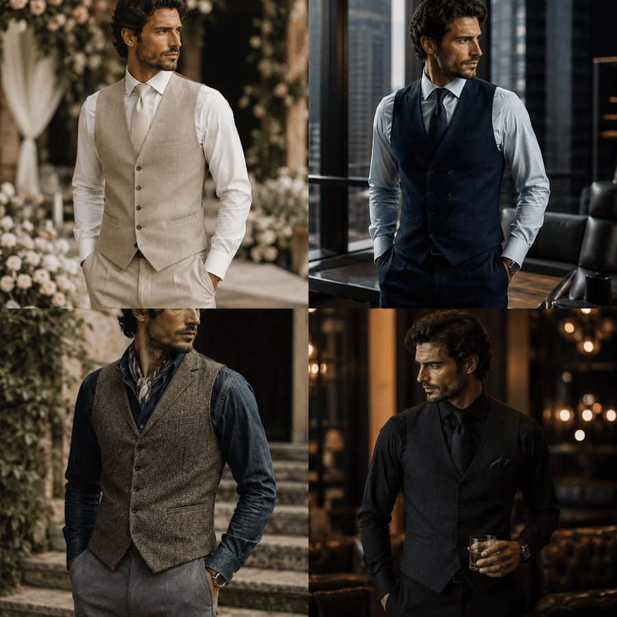 Collection of men's waistcoat styles featuring beige, navy, brown, and black tailored vests paired with dress shirts and trousers, showcasing versatile formal and smart-casual menswear outfits.