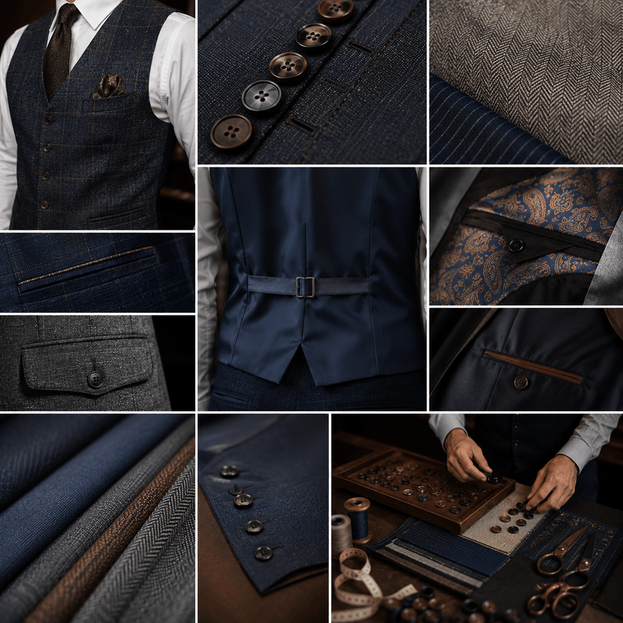 Bespoke waistcoat customization details featuring premium fabrics, buttons, linings, pockets, and tailoring craftsmanship for made-to-measure menswear.