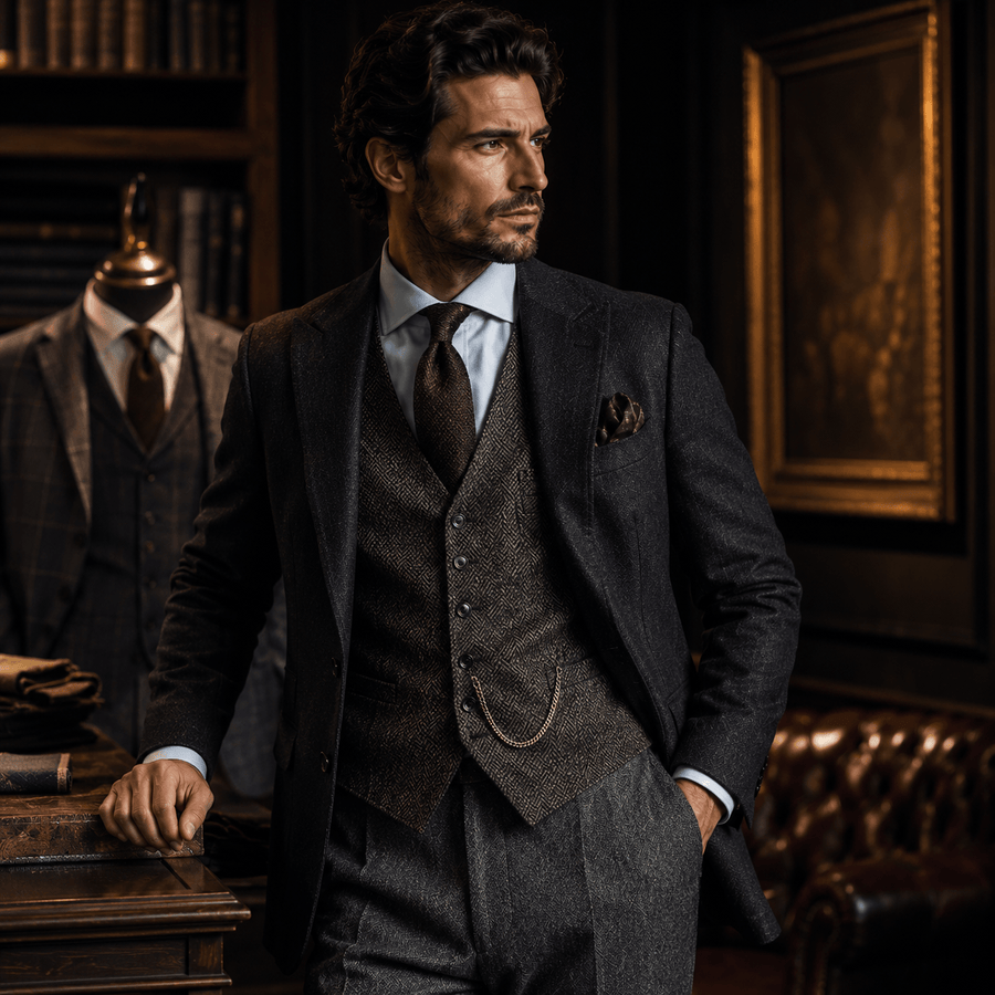 Custom three-piece suit with textured waistcoat and tie, showcasing classic men's tailoring and luxury bespoke menswear in an elegant tailor shop setting.