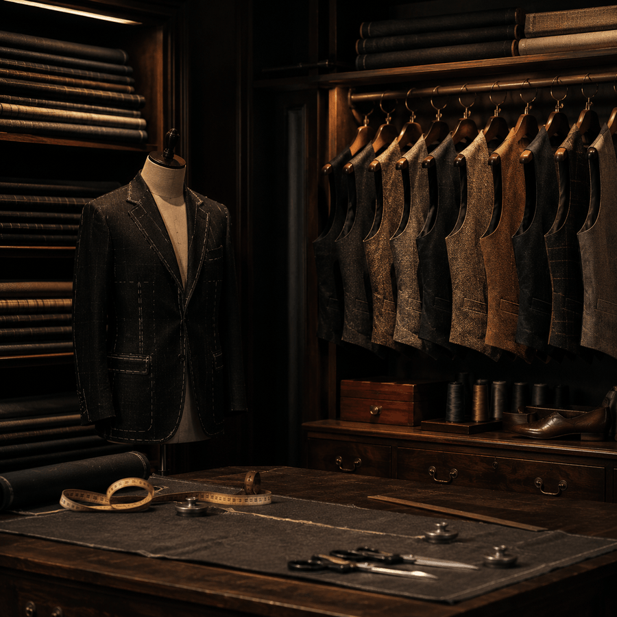 Luxury bespoke tailoring studio with custom suit jackets, premium fabrics, and tailoring tools displayed in an elegant menswear showroom.
