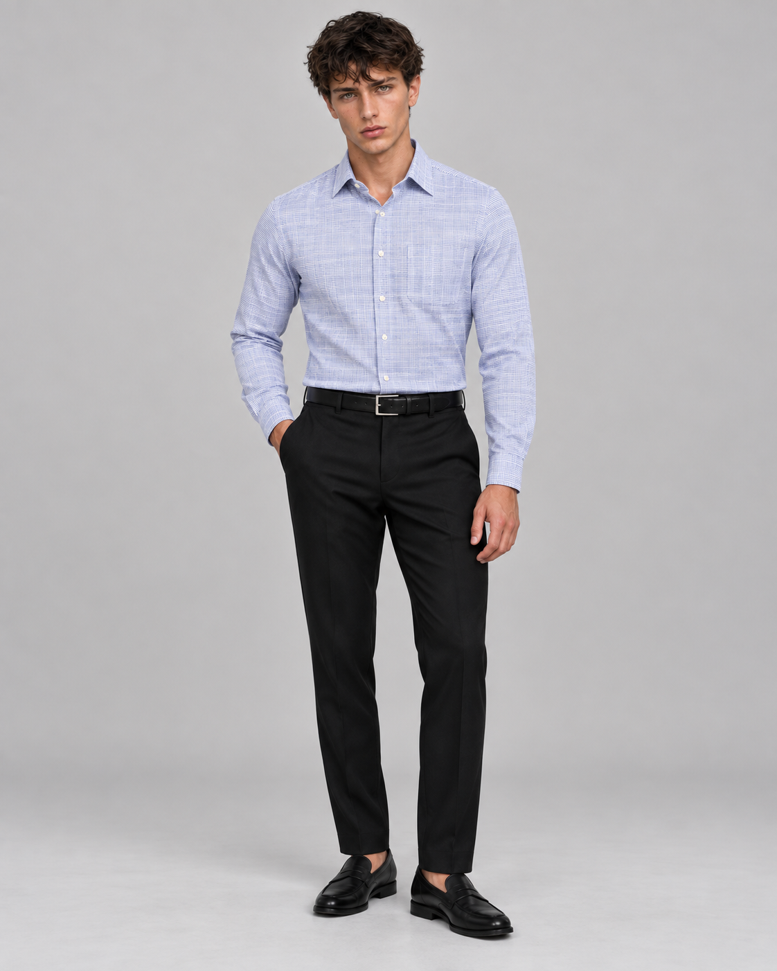 Men's Blue Cotton Linen Dress Shirt