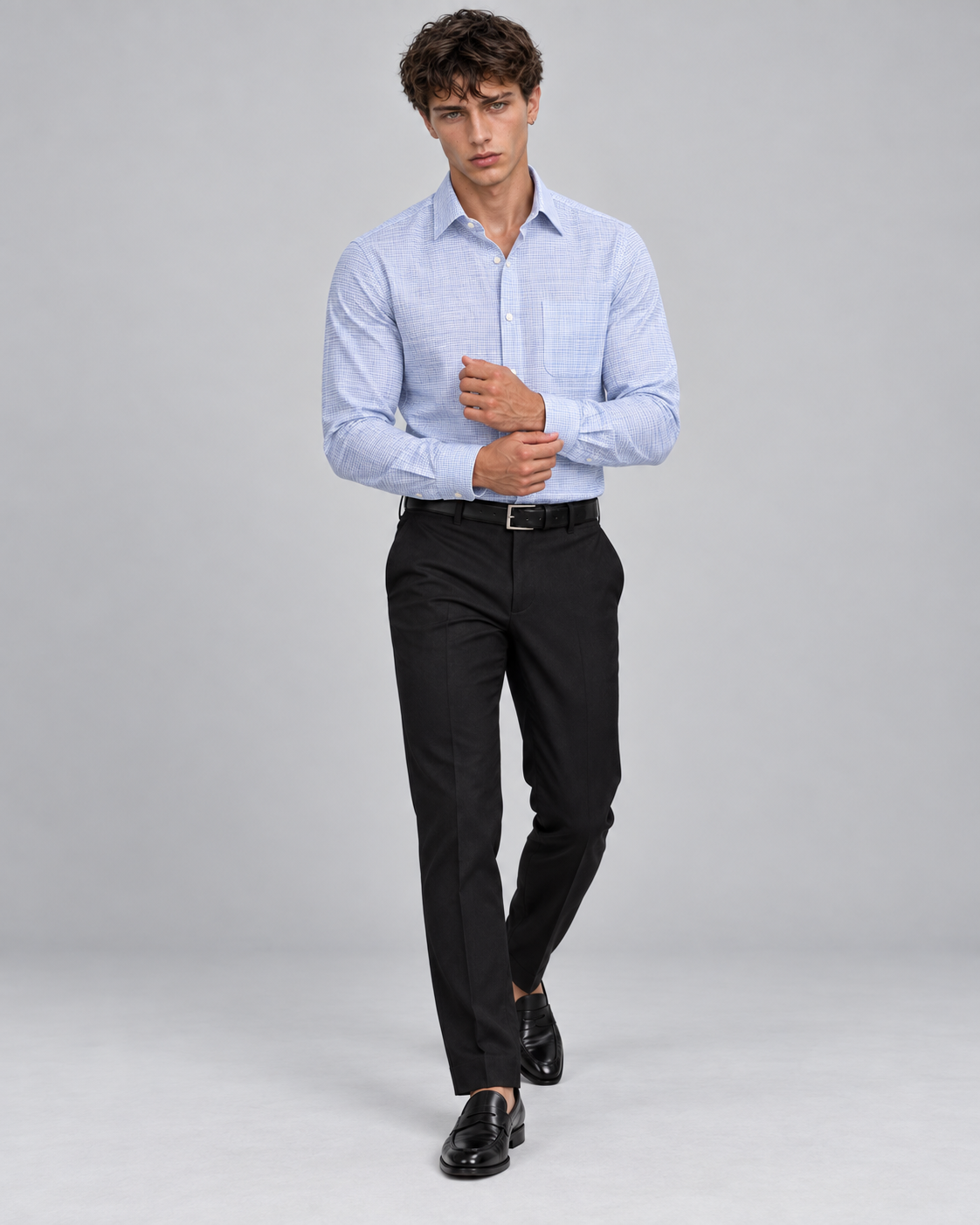 Men's Blue Cotton Linen Dress Shirt