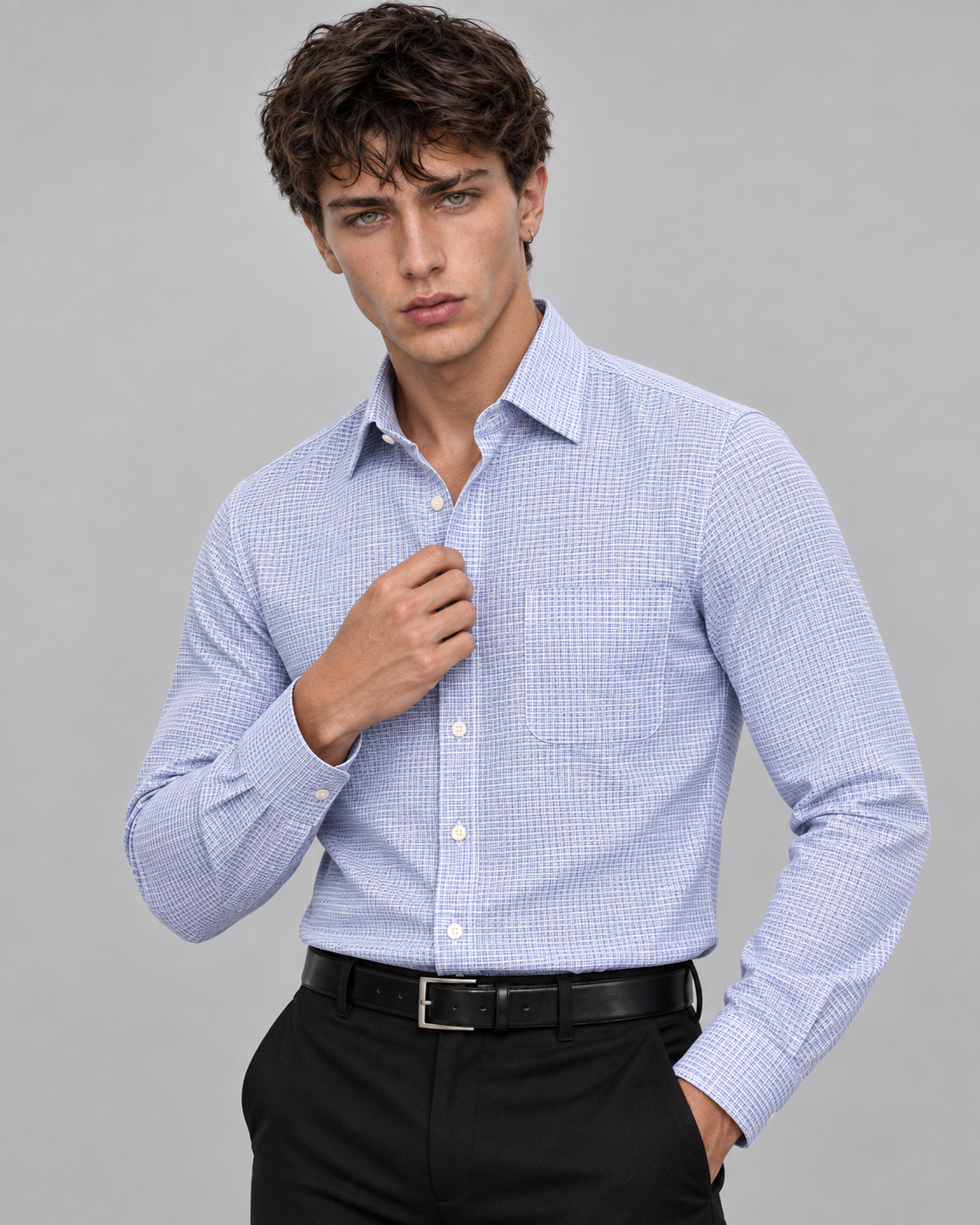 Men's Blue Cotton Linen Dress Shirt