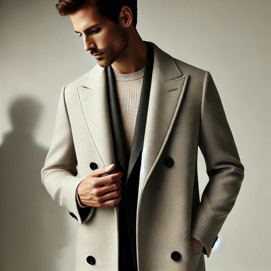 men’s beige overcoat outfit with sweater smart winter layering style