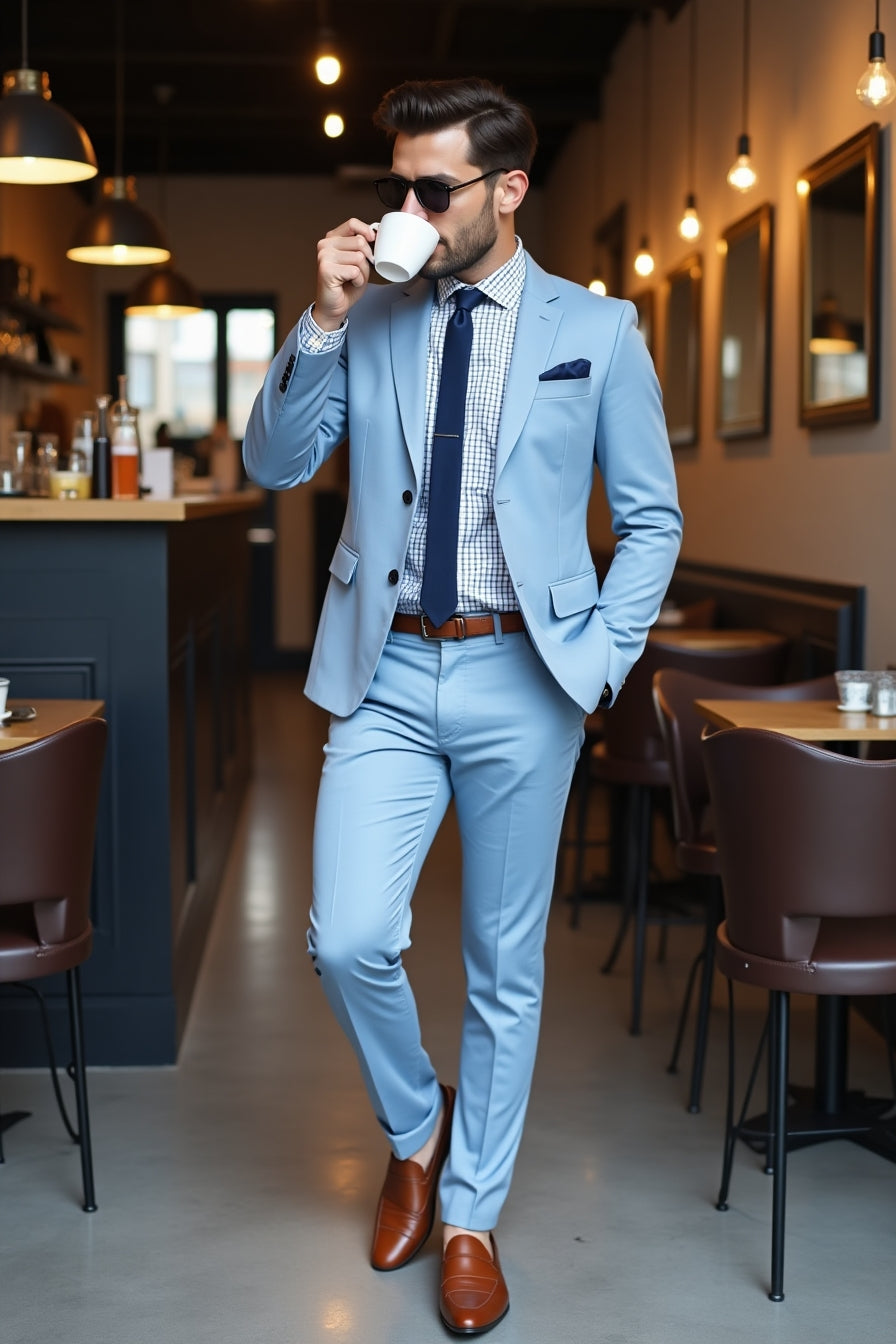 mens light blue suit smart casual cafe outfit loafers coffee style