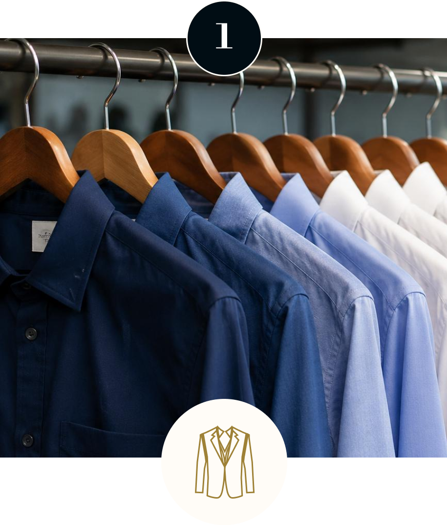 Custom dress shirts in navy, blue, light blue, and white displayed on wooden hangers.