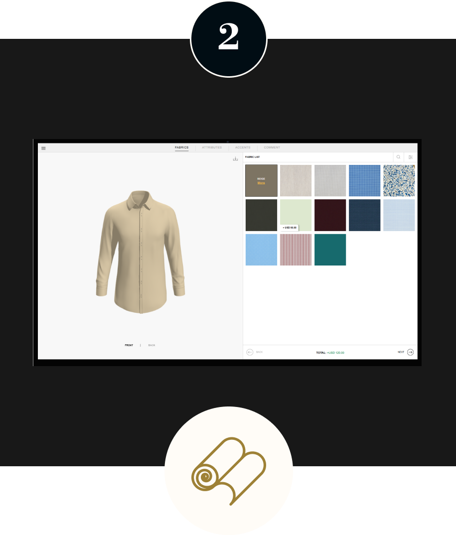 Online custom shirt configurator displaying a beige dress shirt with multiple fabric, color, and pattern options.