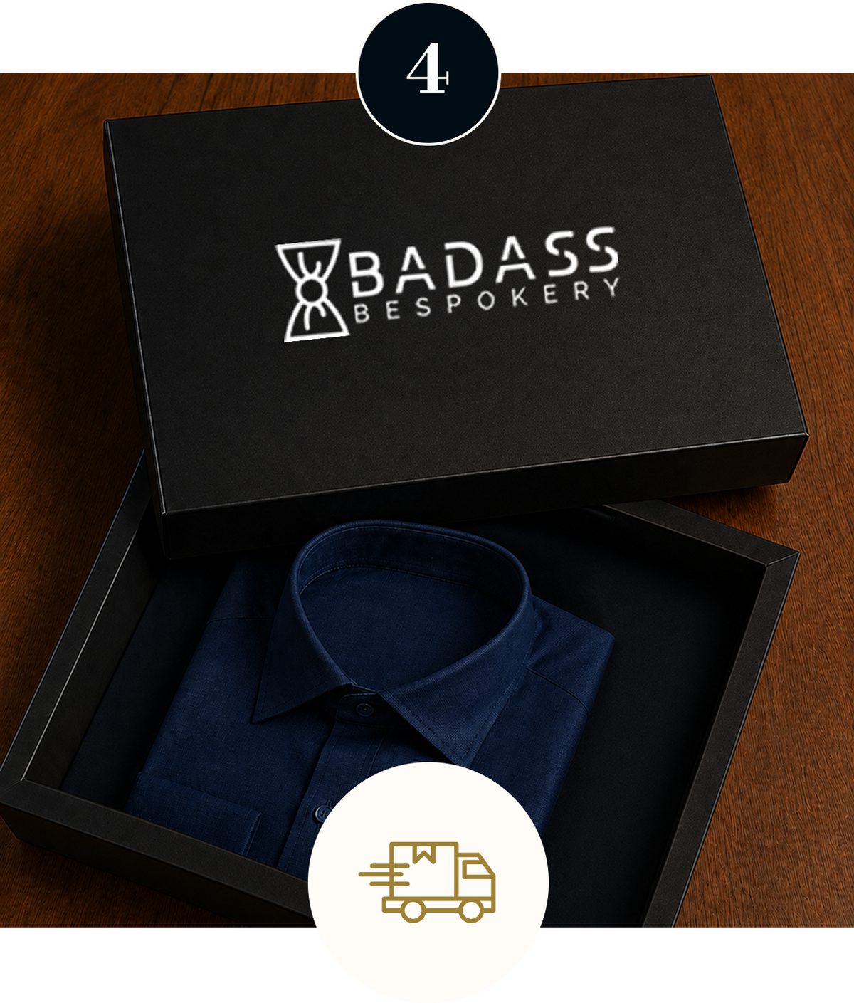 Navy custom dress shirt neatly packaged inside a premium BadAss Bespokery box for delivery.