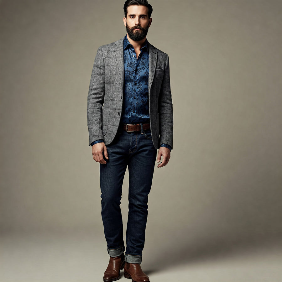 men’s smart casual outfit grey blazer blue shirt dark jeans brown boots