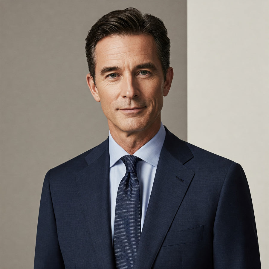 man in navy business suit and tie professional corporate portrait formal attire