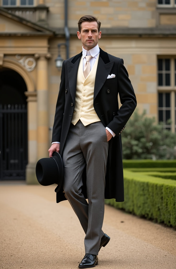 Man in morning suit with tailcoat waistcoat and top hat formal wedding attire