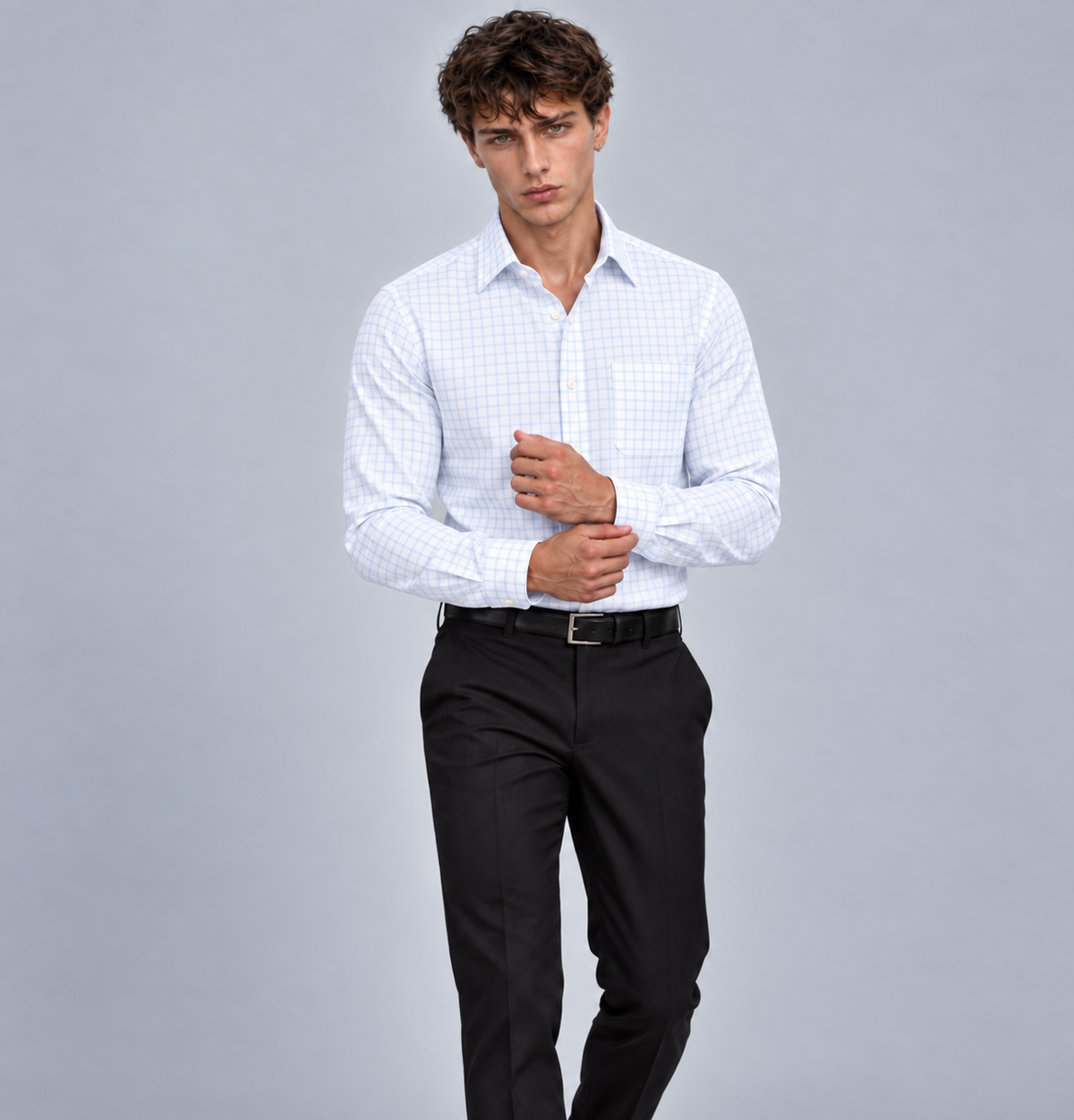 Men's Sky Blue Twill Check Dress Shirt
