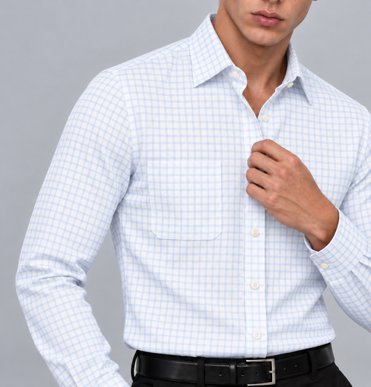 Men's Sky Blue Twill Check Dress Shirt