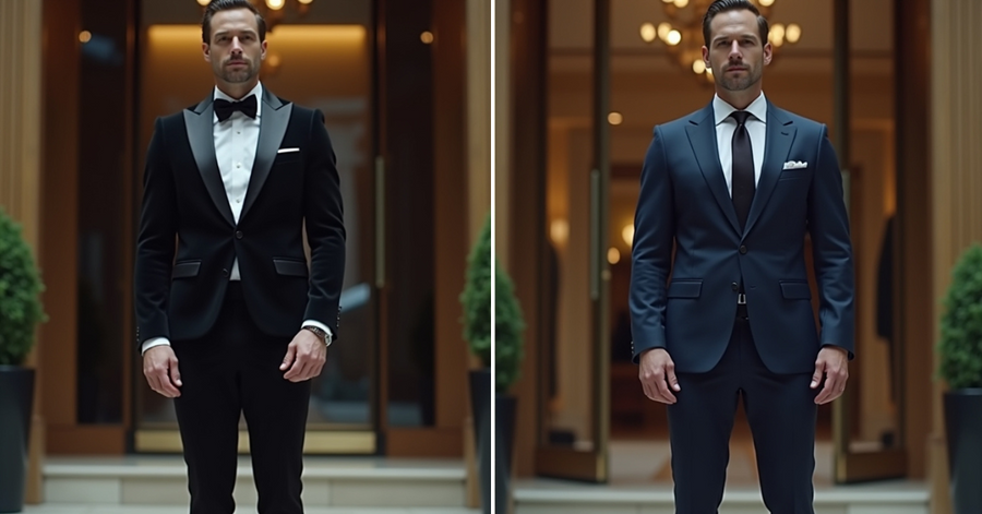 Black tuxedo vs navy suit men formal vs business attire comparison outside hotel