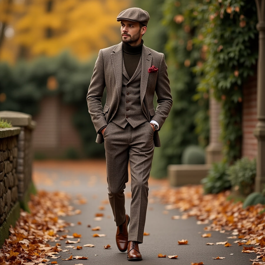 men’s autumn outfit brown tweed suit turtleneck flat cap classic fall style