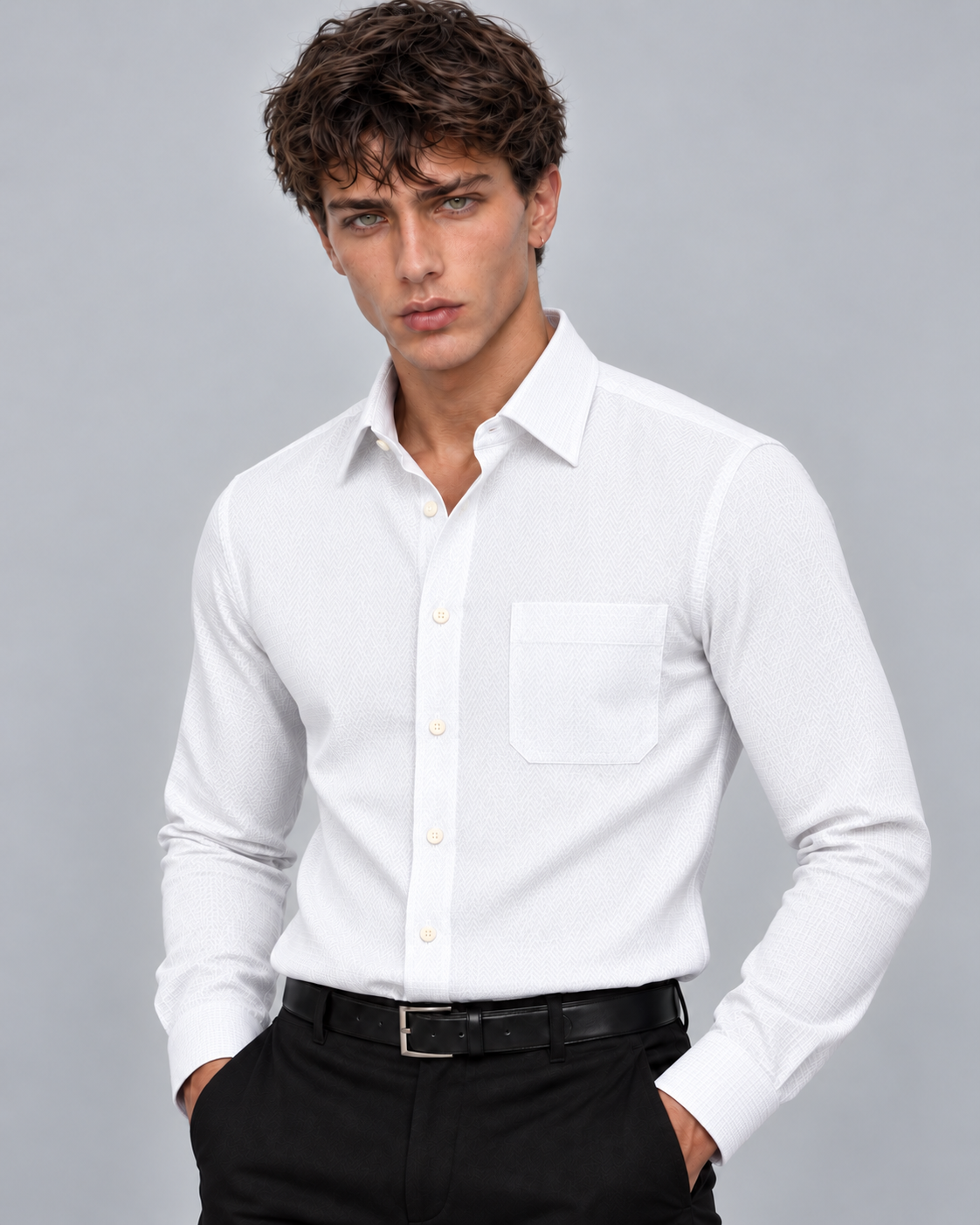 Men's White Charles Herringbone Dress Shirt