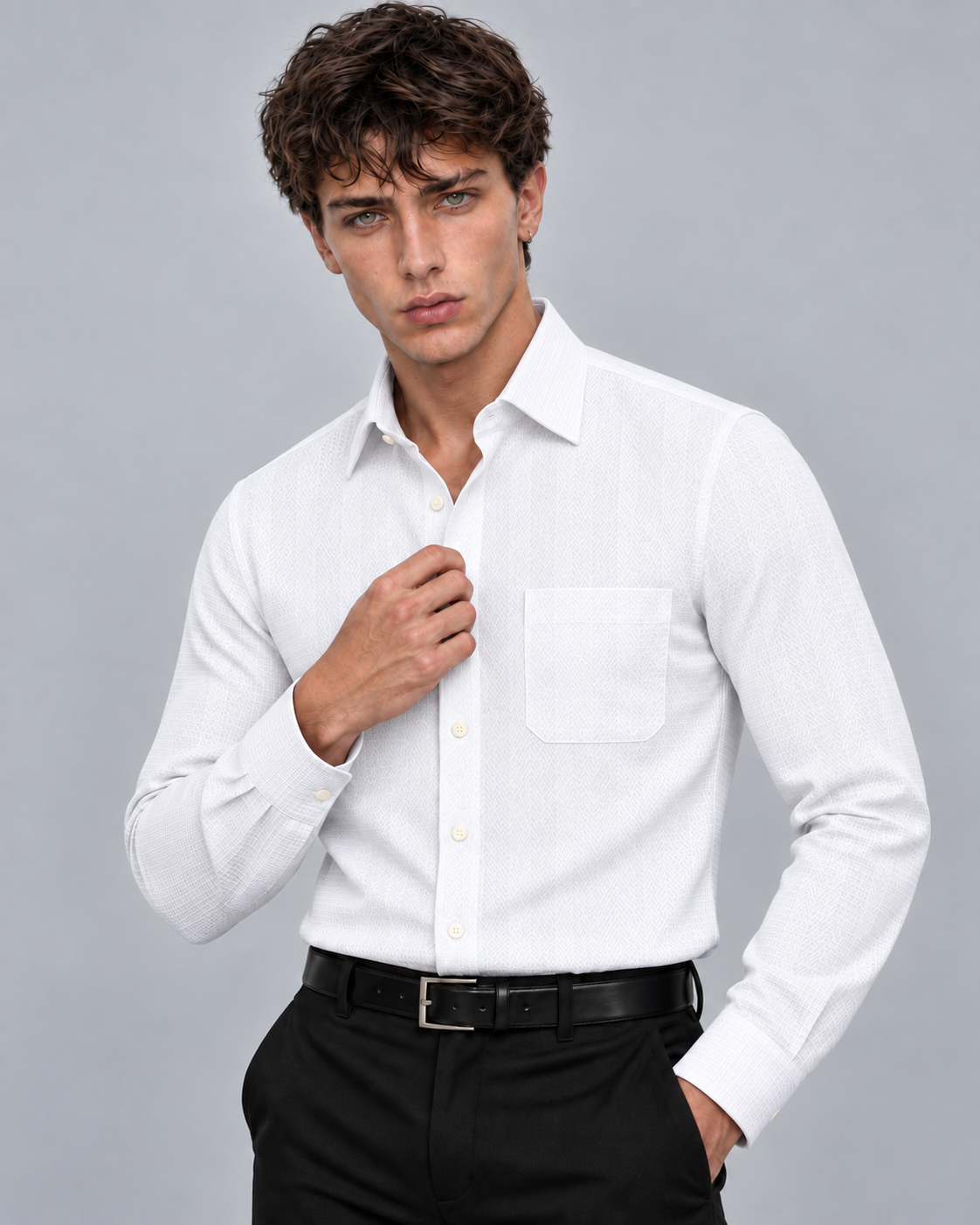 Men's White Charles Herringbone Dress Shirt