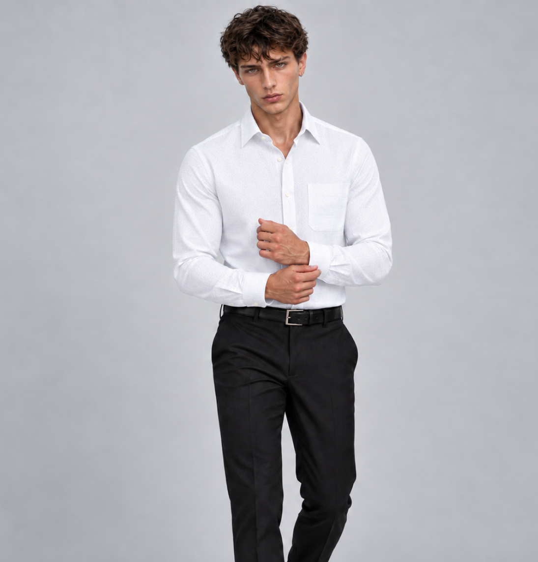 Men's White Micro Basket Weave Dress Shirt