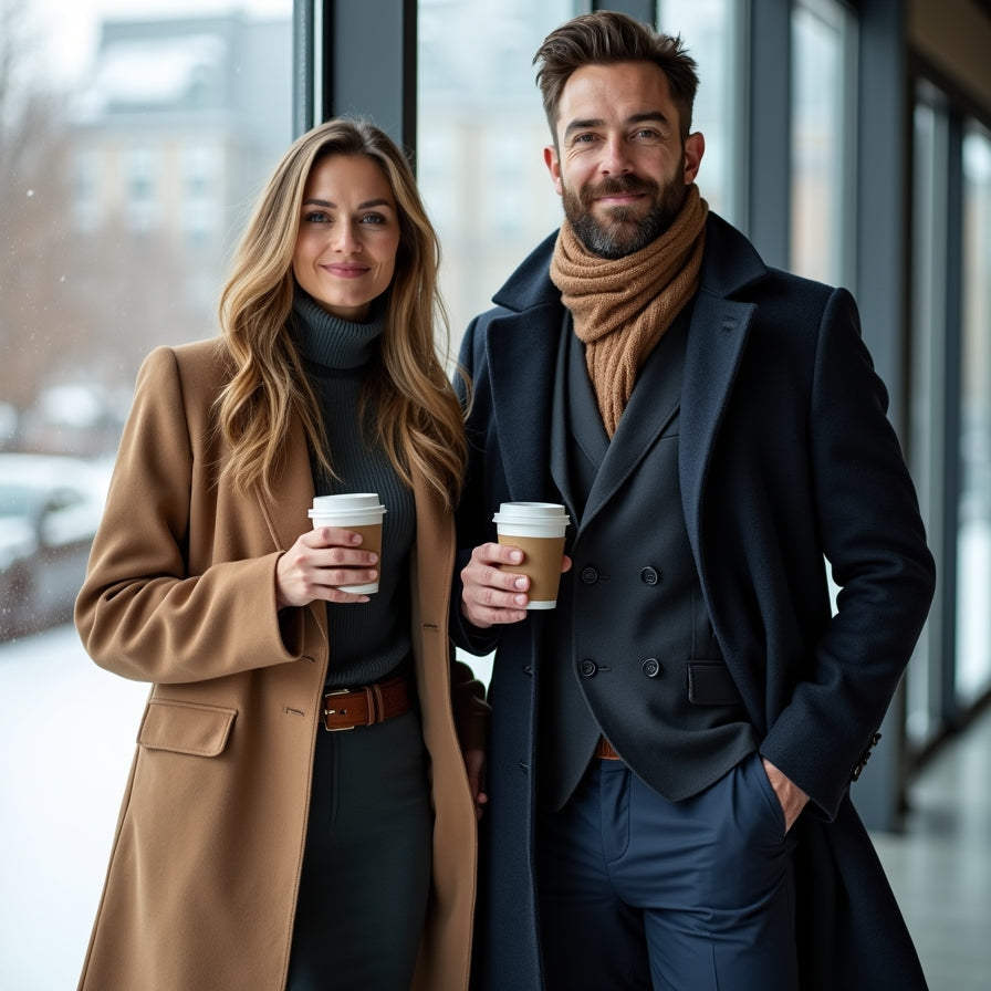 couple winter outfits camel coat and navy overcoat holding coffee street style