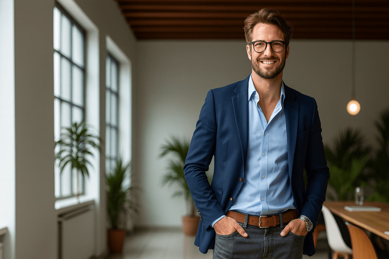 Man in a blue blazer and glasses standing in a modern office with plants and a table.