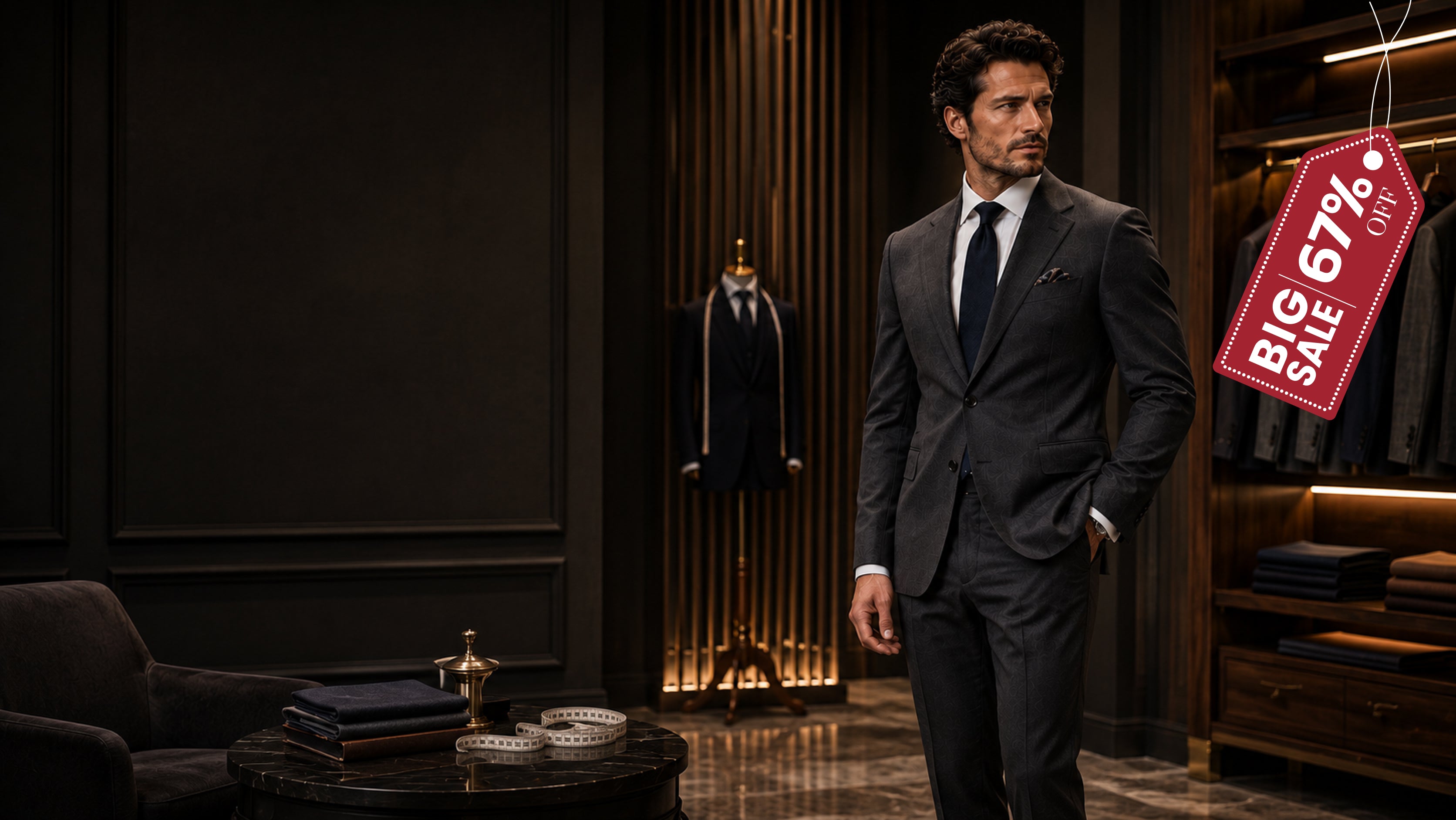 Man in a suit standing in a clothing store with a sale sign.