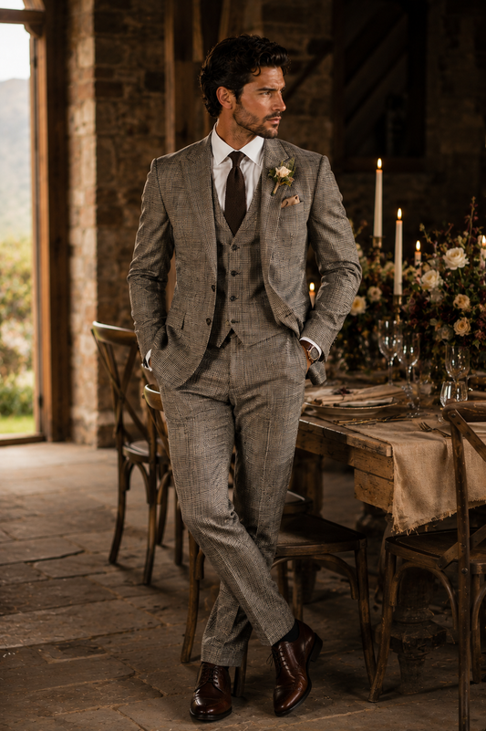 Groom wearing a patterned plaid three-piece wedding suit with a white shirt and tie at a rustic wedding venue.