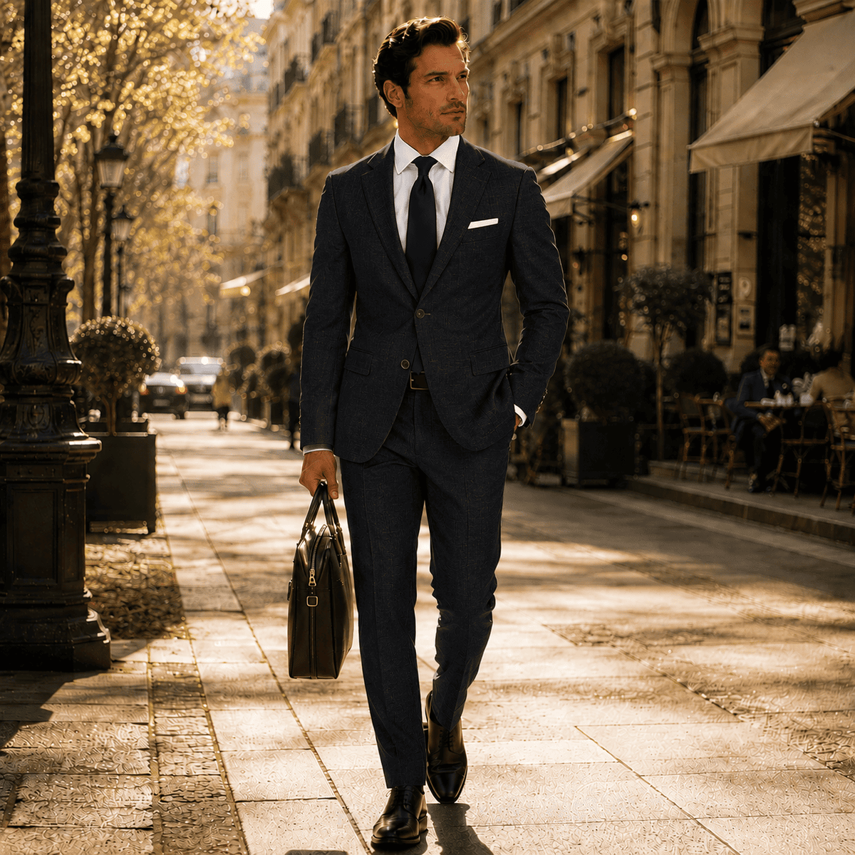 Men’s black linen bespoke suit with a white dress shirt, black tie and black dress shoes, styled in a refined tailored look.