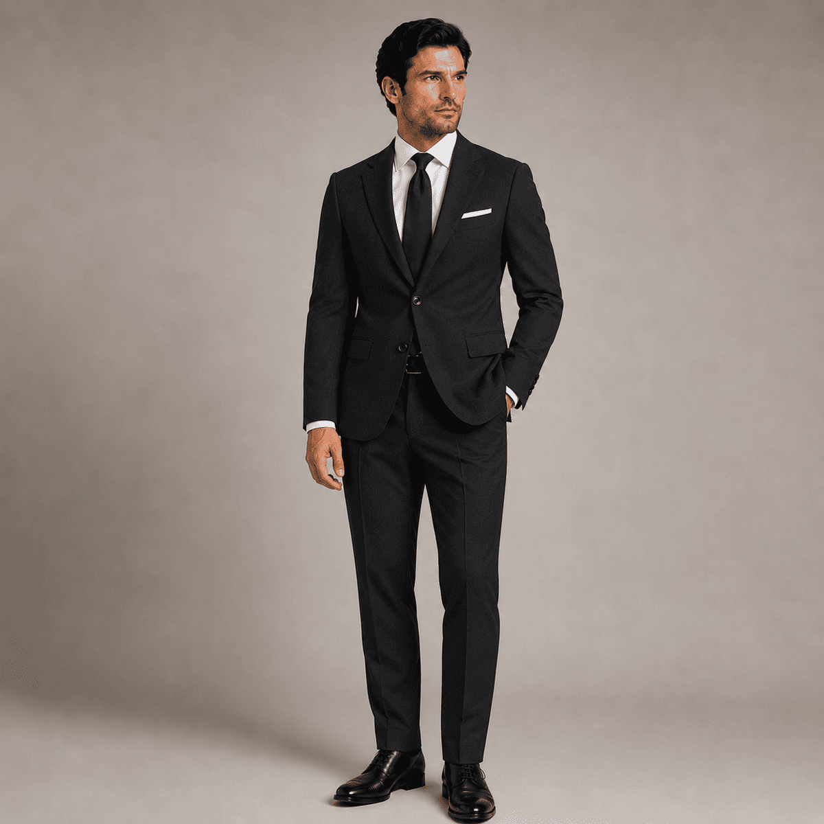 Men’s black linen bespoke suit with a white dress shirt, black tie and white pocket square, shown in a full-length tailored fit.