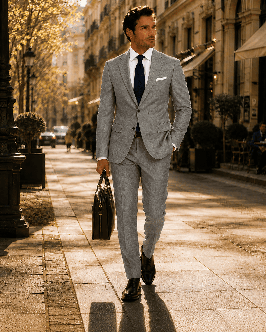 Men’s grey linen bespoke suit styled with a white dress shirt, navy tie, pocket square and black leather shoes for a refined professional look.